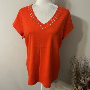 Dressbarn Women Orange Knit Top Studded V-neck Cap Sleevessz 100% Cotton Sz XL